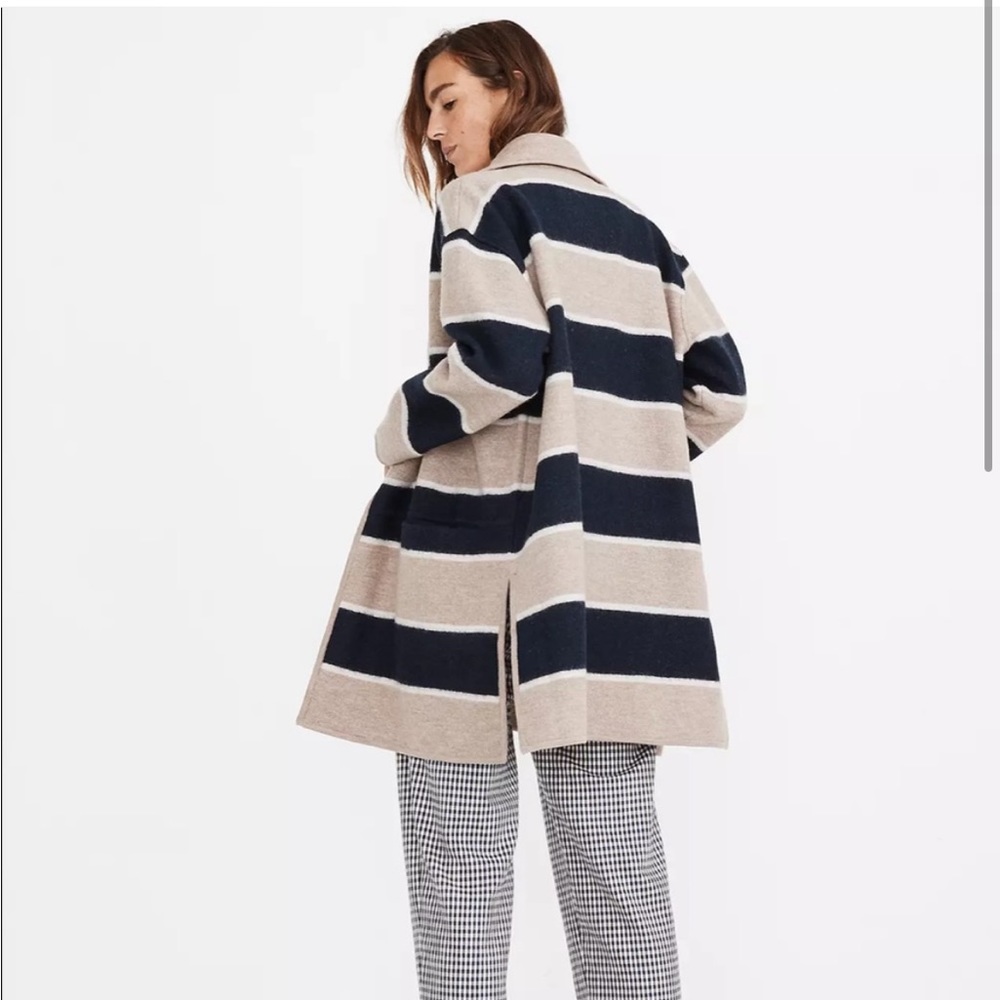 NWT Madewell Striped Ballard Sweater Coat | Merino Wool | Tan/Blue | Medium - Picture 2 of 5